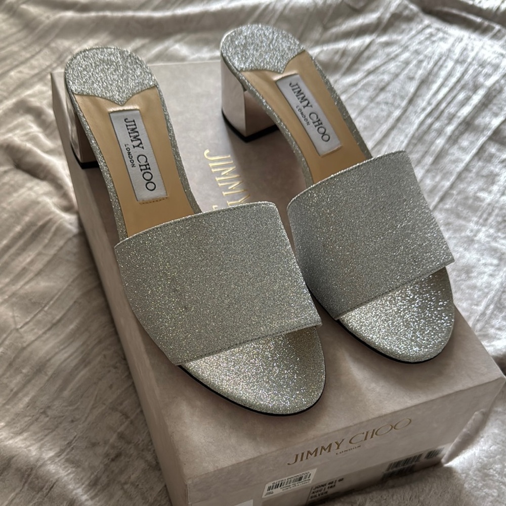 Jimmy Choo Silver Heels with Sparkly Finish